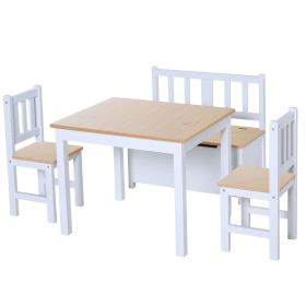 Qaba 4-Piece Kids Play Table Set, Wooden Chairs & Storage Bench, Modern Design in Natural White for Creative Toddlers