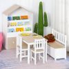 Qaba 4-Piece Kids Play Table Set, Wooden Chairs & Storage Bench, Modern Design in Natural White for Creative Toddlers